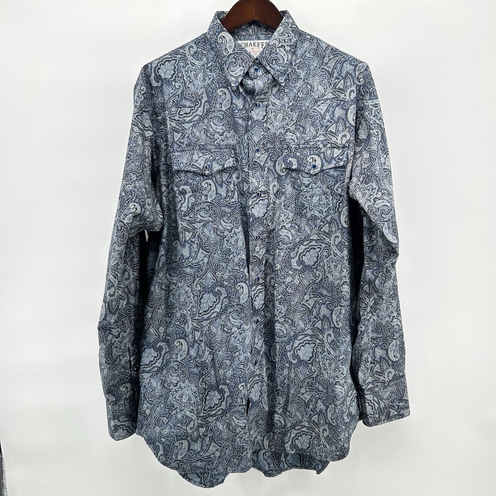 Schaefer Western Shirt Mens XL Blue Paisley Pearl Snap USA Cowboy Ranch Rodeo